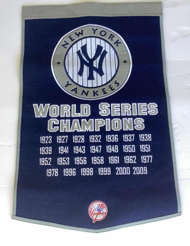 Photo 1 of NEW YORK YANKEES WORLD SERIES CHAMPIONS LARGE DROP DOWN PENNANT 36” X 24”