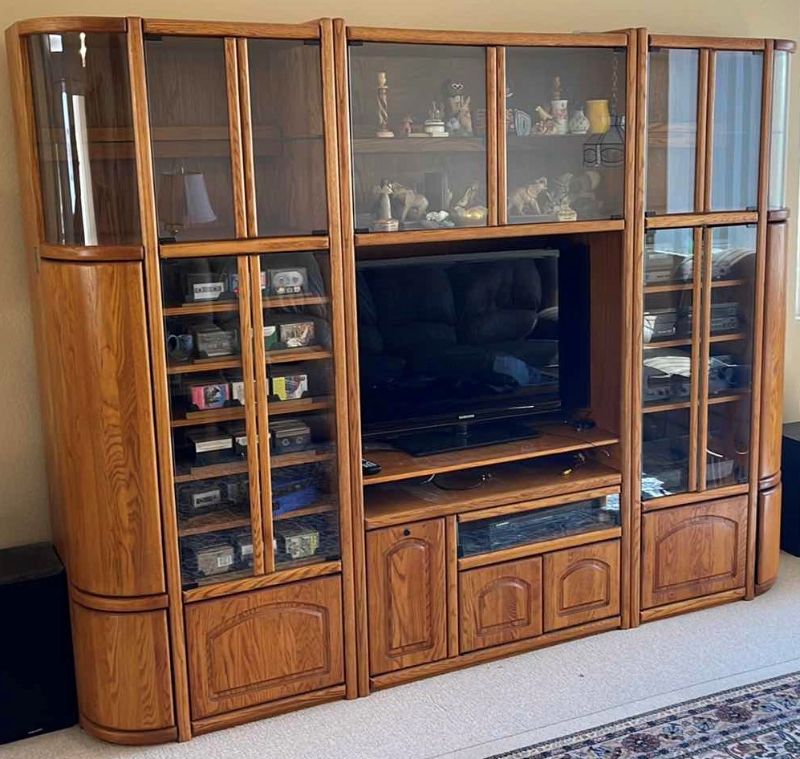 Photo 3 of WOOD BASE ENTERTAINMENT CENTER W GLASS SHELVES 101” X 20” H78”