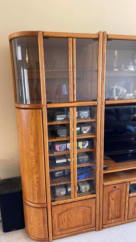 Photo 4 of WOOD BASE ENTERTAINMENT CENTER W GLASS SHELVES 101” X 20” H78”