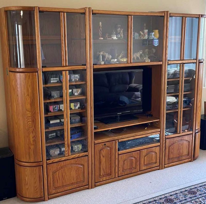 Photo 2 of WOOD BASE ENTERTAINMENT CENTER W GLASS SHELVES 101” X 20” H78”