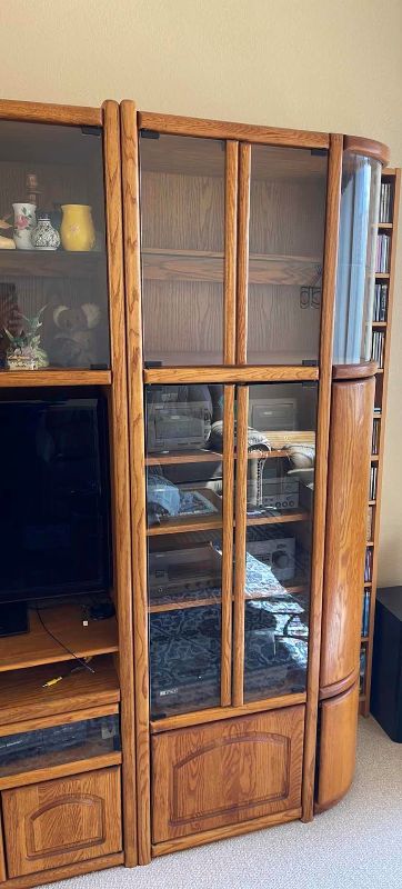 Photo 5 of WOOD BASE ENTERTAINMENT CENTER W GLASS SHELVES 101” X 20” H78”