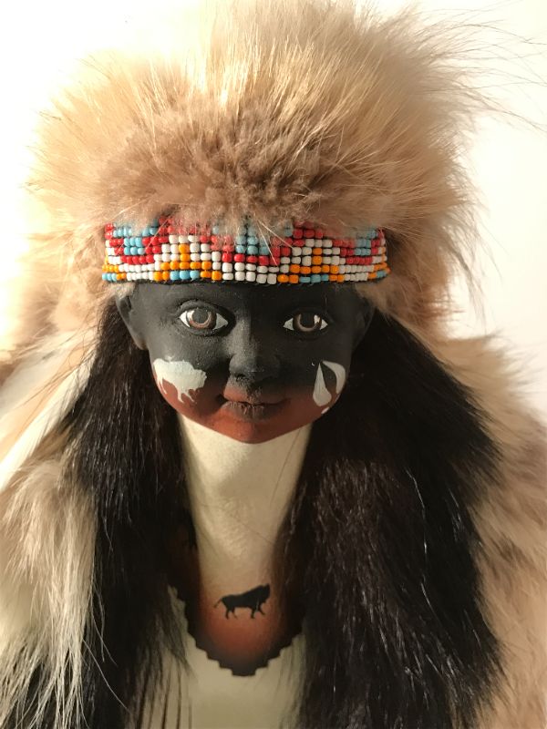 Photo 3 of NATIVE AMERICAN INDIAN FIGURE AUTHENTICALLY DRESSED IN  REAL FUR & SUEDE 
H/19”