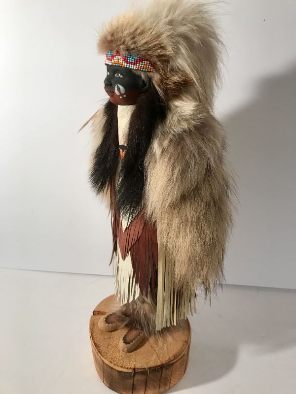 Photo 4 of NATIVE AMERICAN INDIAN FIGURE AUTHENTICALLY DRESSED IN  REAL FUR & SUEDE 
H/19”