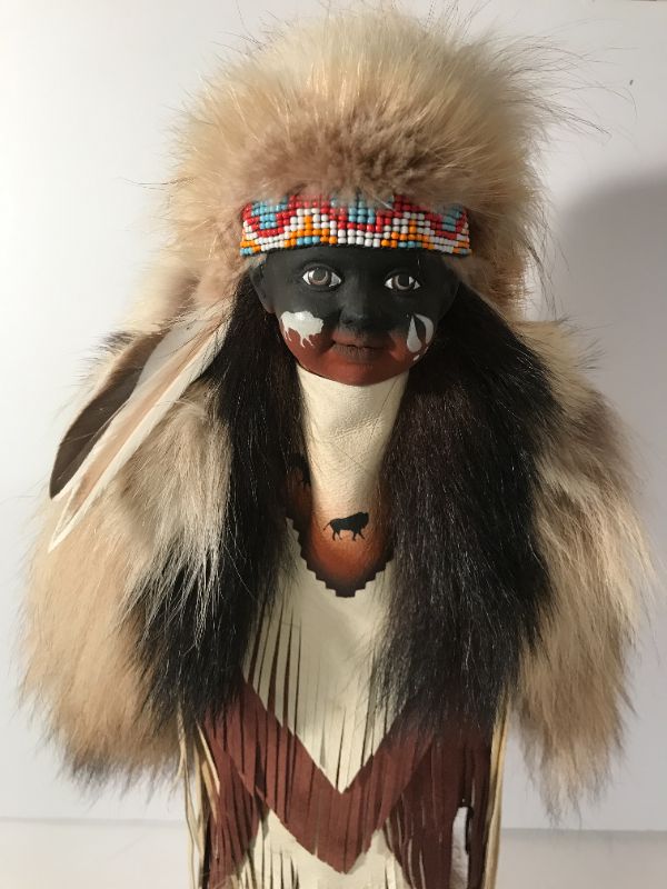 Photo 2 of NATIVE AMERICAN INDIAN FIGURE AUTHENTICALLY DRESSED IN  REAL FUR & SUEDE 
H/19”