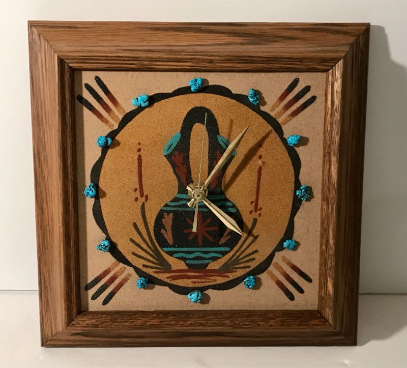 Photo 1 of SOUTH WESTERN CLOCK
“WEDDING VASE”
TURQUOISE ACCENTS
ARTIST SIGNED 
10.5 X 10.5