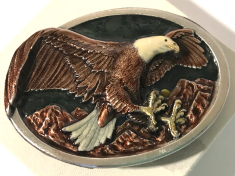 Photo 1 of VINTAGE 1985 BERGAMOT BRASS WORKS BELT BUCKLE ENAMEL 3D EAGLE MADE IN USA