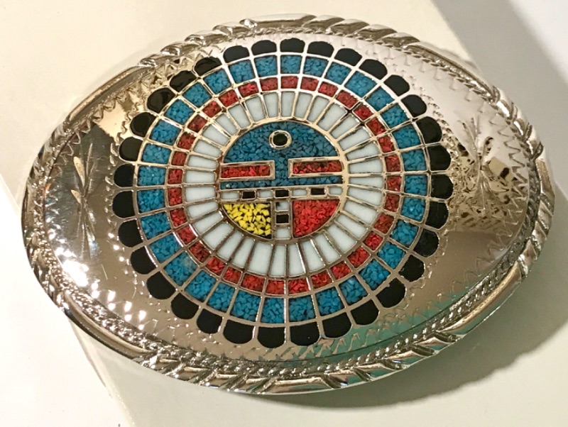 Photo 1 of VINTAGE ZUNI SUN FACE BELT BUCKLE- TURQUOISE & CORAL INLAY SSI 1988