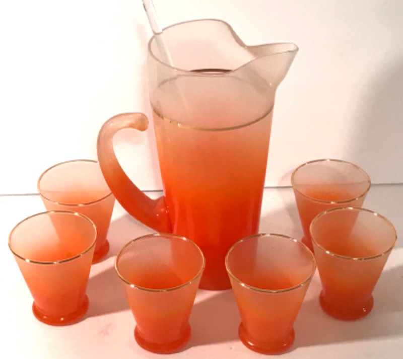 Photo 1 of VINTAGE 1950’s  BLENDO ORANGE PITCHER AND 5 GLASSES- SET 
