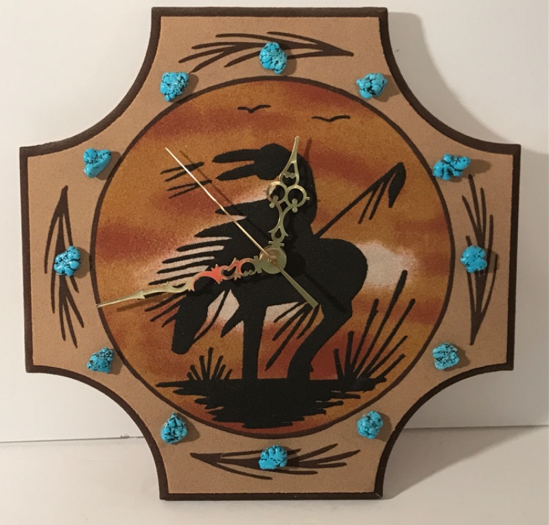 Photo 1 of ARTIST SIGNED HANDCRAFTED WOOD & TURQUOISE NATIVE AMERICAN CLOCK 