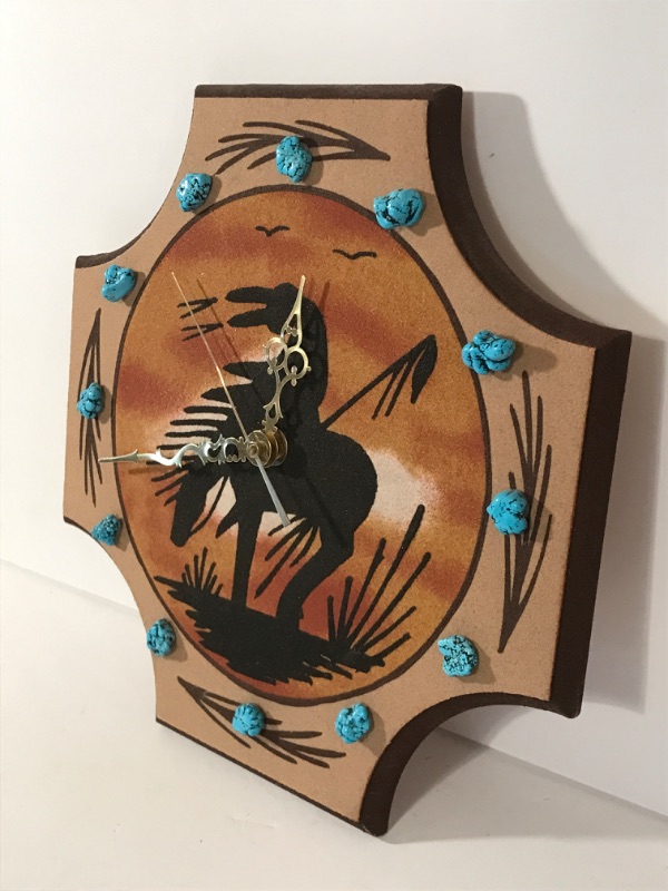 Photo 3 of ARTIST SIGNED HANDCRAFTED WOOD & TURQUOISE NATIVE AMERICAN CLOCK 