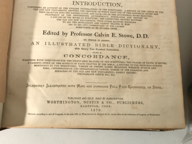 Photo 5 of ANTIQUE FAMILY BIBLE
WORTHINGTON, DUSTIN & CO. PUBLISHERS
HARTFORD CONN. 1870