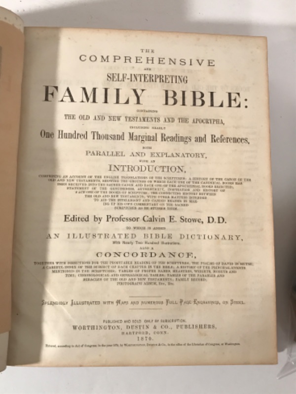 Photo 3 of ANTIQUE FAMILY BIBLE
WORTHINGTON, DUSTIN & CO. PUBLISHERS
HARTFORD CONN. 1870