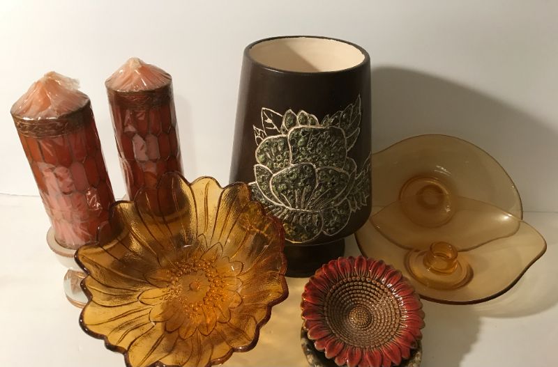 Photo 2 of VINTAGE COLLECTION OF DECORS - VIKING AMBER ART GLASS CANDLE HOLDERS, CERAMIC VASE 8” & MORE