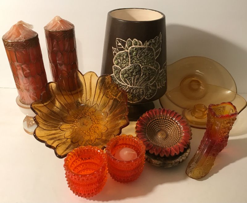 Photo 1 of VINTAGE COLLECTION OF DECORS - VIKING AMBER ART GLASS CANDLE HOLDERS, CERAMIC VASE 8” & MORE