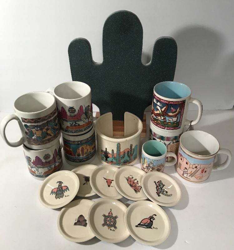 Photo 1 of SOUTHWEST / NATIVE AMERICAN MOTIF MUGS AND CUTTING BOARD 