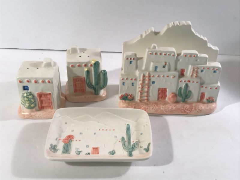 Photo 2 of KITCHEN DECOR- NAPKIN HOLDER, ADOBE HOUSE STATUE, SALT & PEPPER SHAKERS & SOAP TRAY 