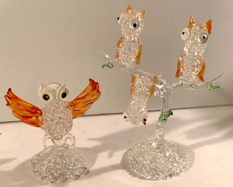 Photo 1 of VINTAGE HANDBLOWN SPUN GLASS OWLS H-8”