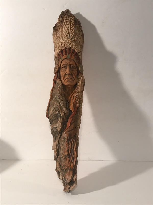 Photo 1 of VINTAGE CARVED RESIN INDIAN CHIEF IN THE TREE WALL ART 19”