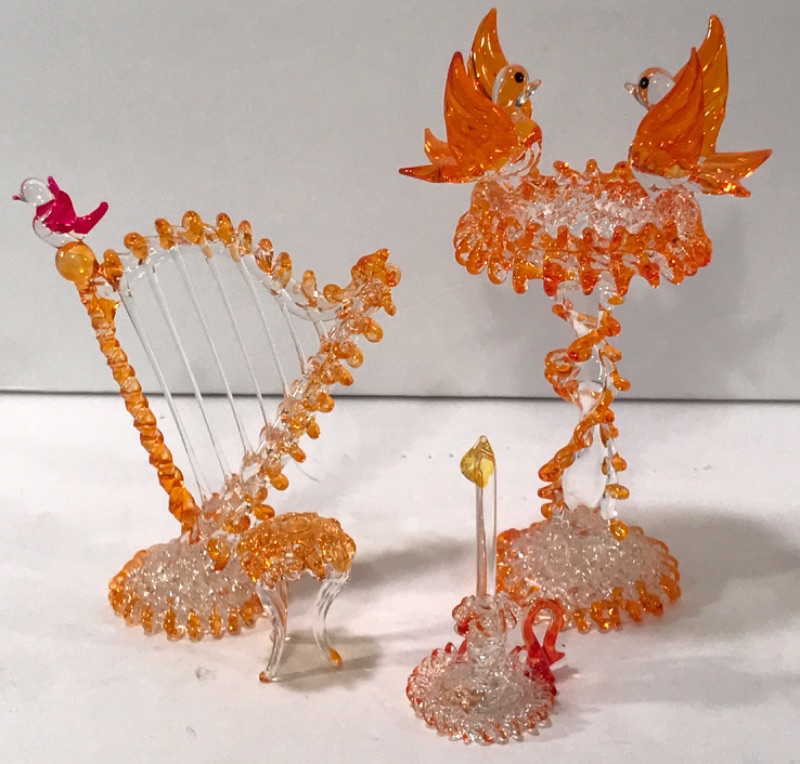 Photo 1 of VINTAGE HANDBLOWN GLASS  BIRDS WITH BIRDBATH & HARP AND CHAIR W/ CANDLE TALLEST H - 7”