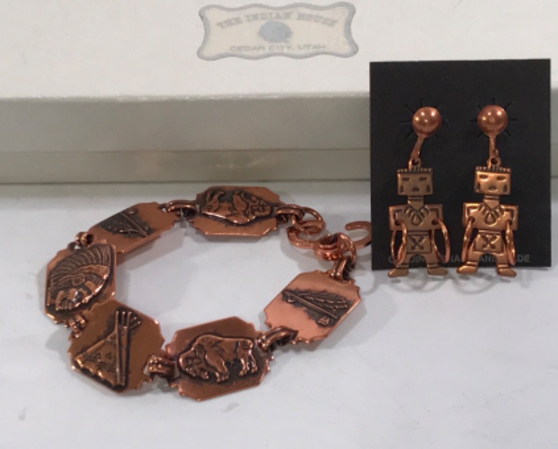 Photo 1 of Vintage Book Chain Copper Native American  Ethic Buffalo Tee Pee Chief Bracelet & VINTAGE COPPER RAIN-DANCER EARRINGS