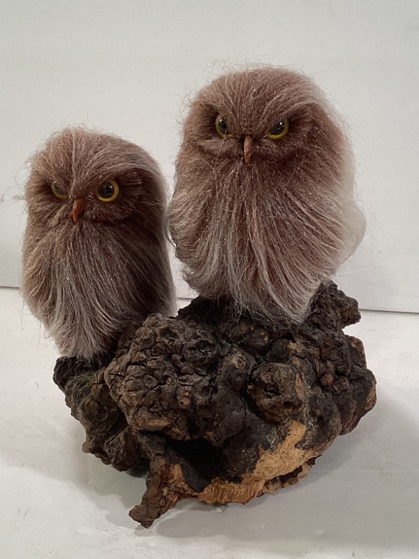 Photo 1 of VINTAGE 1970 OWL FIGURINES PERCHED ON KNOTTED WOOD 6”H