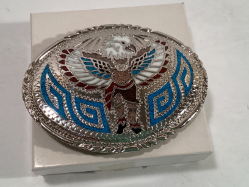 Photo 1 of VINTAGE EAGLE STONE INLAID DANCER BELT BUCKLE S.S. USA NATIVE AMERICAN NOS 