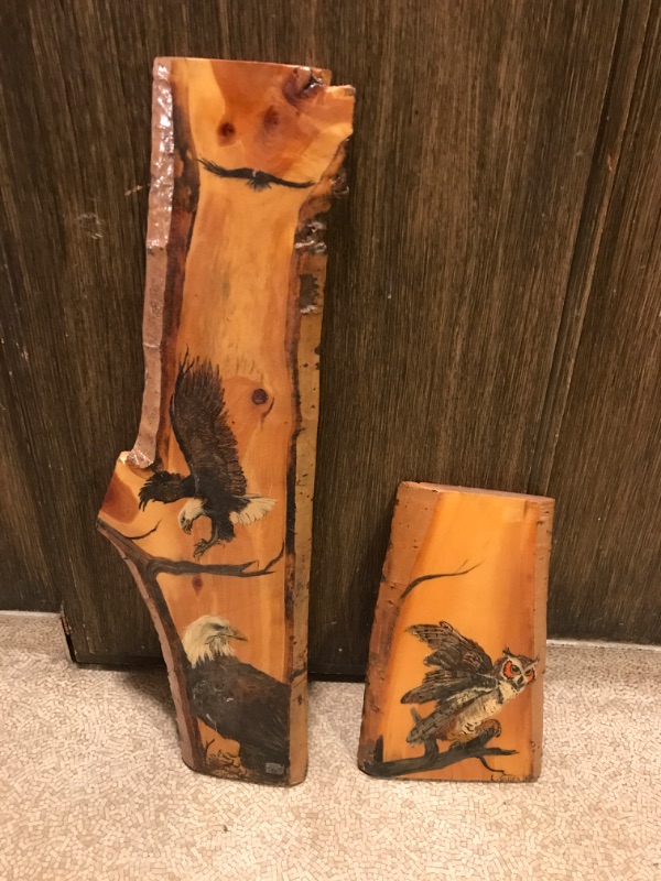 Photo 1 of LAVEAN  LOVELL GILLEN HAND PAINTED EAGLE AND OWL ON SHELLAC WOOD SPLIT LOGS