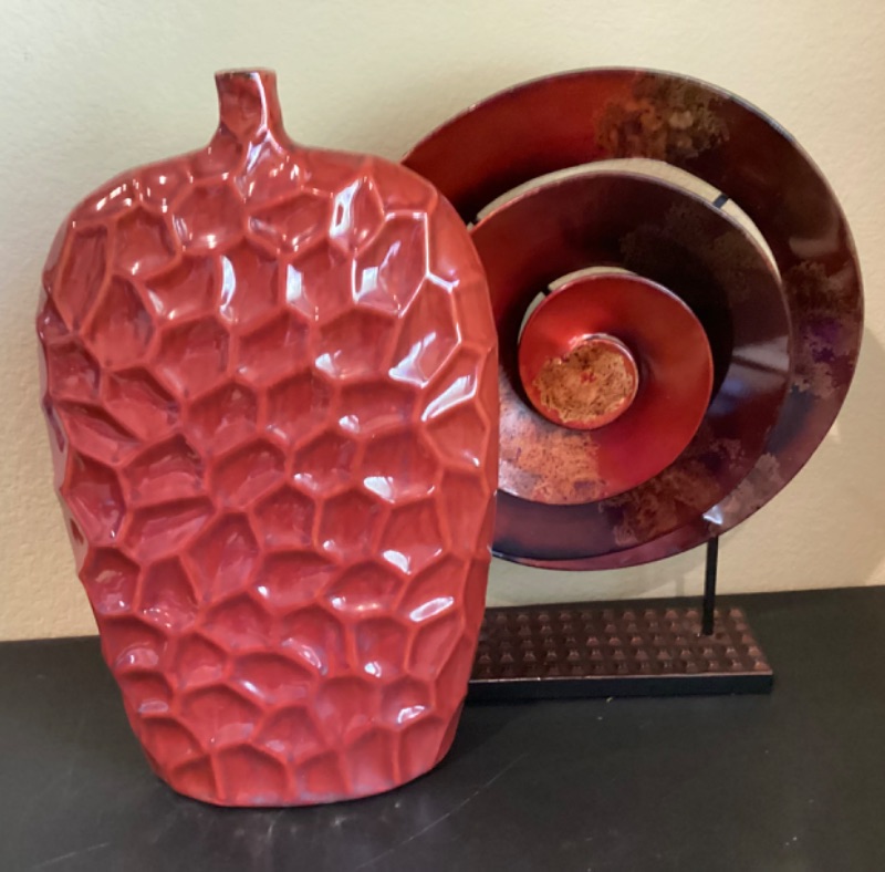 Photo 1 of LARGE DECORATIVE RED VASE & SHELF DECOR
VASE IS 20” H