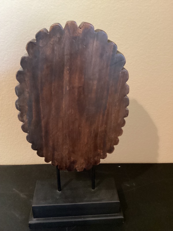 Photo 4 of UNIQUE CARVED WOOD OBLONG MEDALLION ON METAL STAND 
H-21.5” 