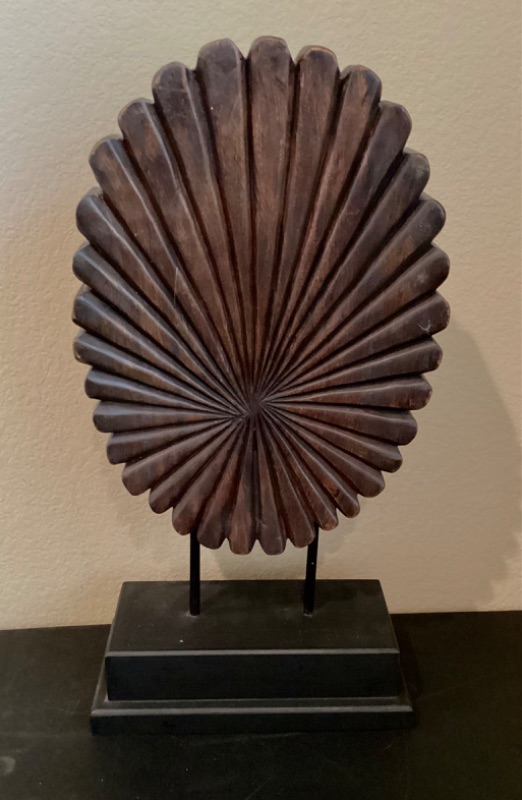 Photo 1 of UNIQUE CARVED WOOD OBLONG MEDALLION ON METAL STAND 
H-21.5” 