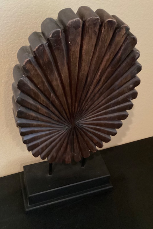 Photo 2 of UNIQUE CARVED WOOD OBLONG MEDALLION ON METAL STAND 
H-21.5” 