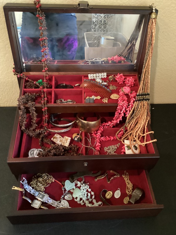 Photo 1 of JEWELRY BOX & COSTUME JEWELRY- NECKLACES, EARRINGS BRACELETS AND MORE