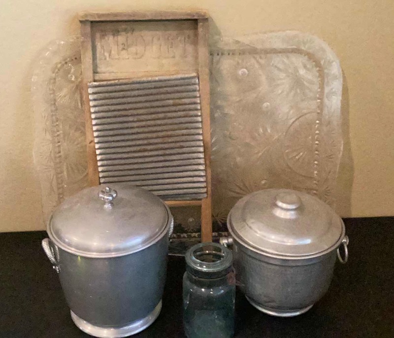 Photo 1 of VINTAGE ICE BUCKETS 1- HENRY & MILLER  KRAFTWARE // THE TELEPHONE JAR WHITNEY GLASS WORKS, NATIONAL WASHBOARD CO. MIDGET WASHBOARD & LARGE PLASTIC TRAY