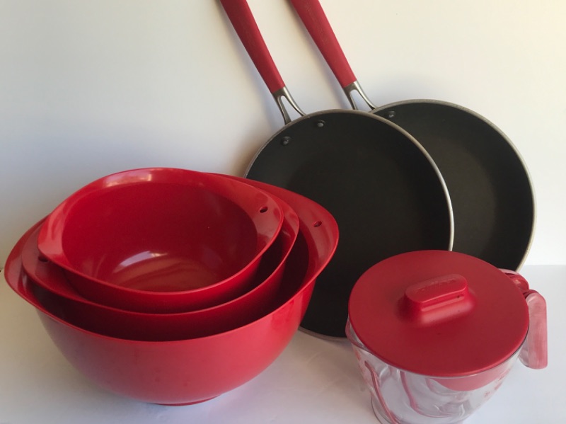 Photo 1 of ROSTI MEPAL -VICTORIA MELAMINE BOWL SET, MEASURING CUPS, CAN OPENER & FRYING PANS