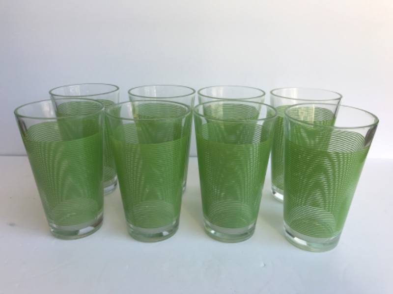 Photo 1 of RETRO STYLE GREEN STRIP GLASSES - SET OF 8