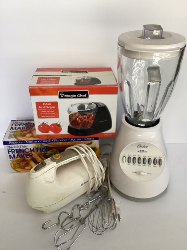 Photo 1 of MAGIC CHEF MINI ELECTRIC CHOPPER, FRENCH FRY MAKER, OSTER BLENDER & MORE