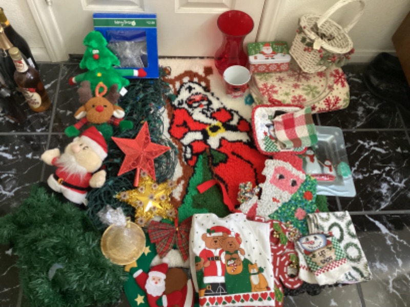 Photo 1 of ASSORTED CHRISTMAS- LATCH HOOK RUG, TREE TOPPERS, LIGHTS, THROW & MORE