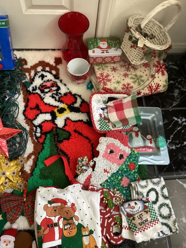 Photo 1 of ASSORTED CHRISTMAS- LATCH HOOK RUG, TREE TOPPERS, LIGHTS, THROW & MORE