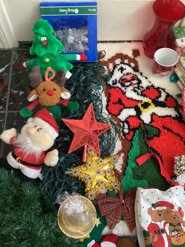 Photo 2 of ASSORTED CHRISTMAS- LATCH HOOK RUG, TREE TOPPERS, LIGHTS, THROW & MORE