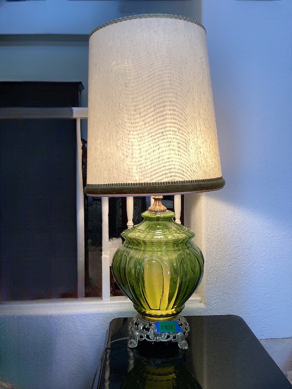 Photo 1 of MID-CENTURY MODREN  GREEN GLASS BARREL LAMP 40” TO TOP OF SHADE -LIGHT IN BODY OF LAMP