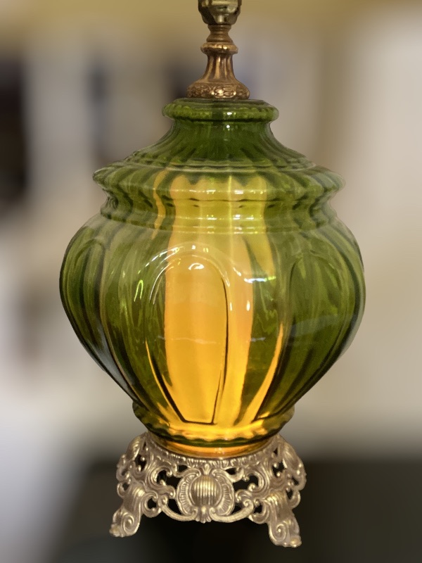 Photo 2 of MID- CENTURY MODERN GREEN GLASS BARREL LAMP 40” TO TOP OF SHADE -LIGHT IN BODY OF LAMP - MATCHING LAMP IN AUCTION 