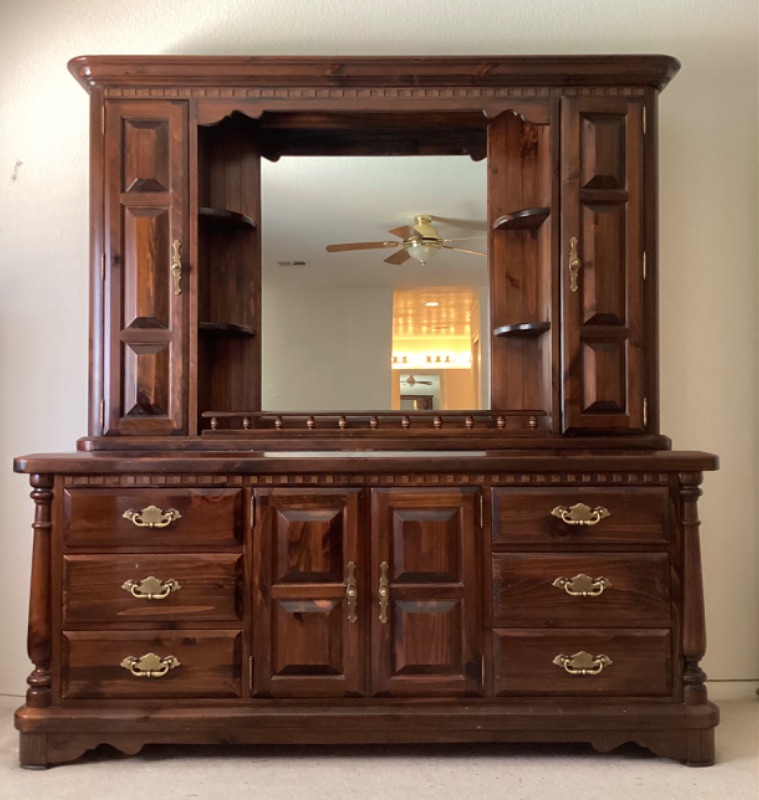 Photo 1 of ETHAN ALLEN  SOLID WOOD 2 PIECE MIRRORED DRESSER 76” X 21” X 78
MORE IN AUCTION