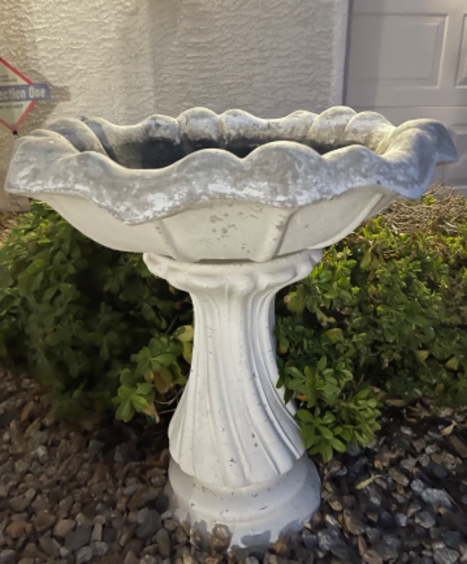 Photo 2 of VINTAGE CONCRETE BIRDBATH W/ SWIRL BASE AND TULIP TOP H- 35”