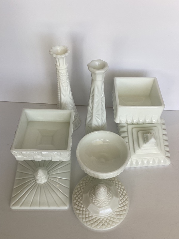 Photo 3 of MILK GLASS FOOTED CANDY DISHES & VASES