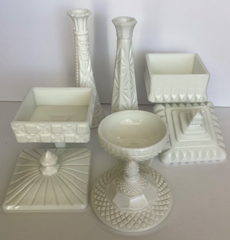 Photo 4 of MILK GLASS FOOTED CANDY DISHES & VASES