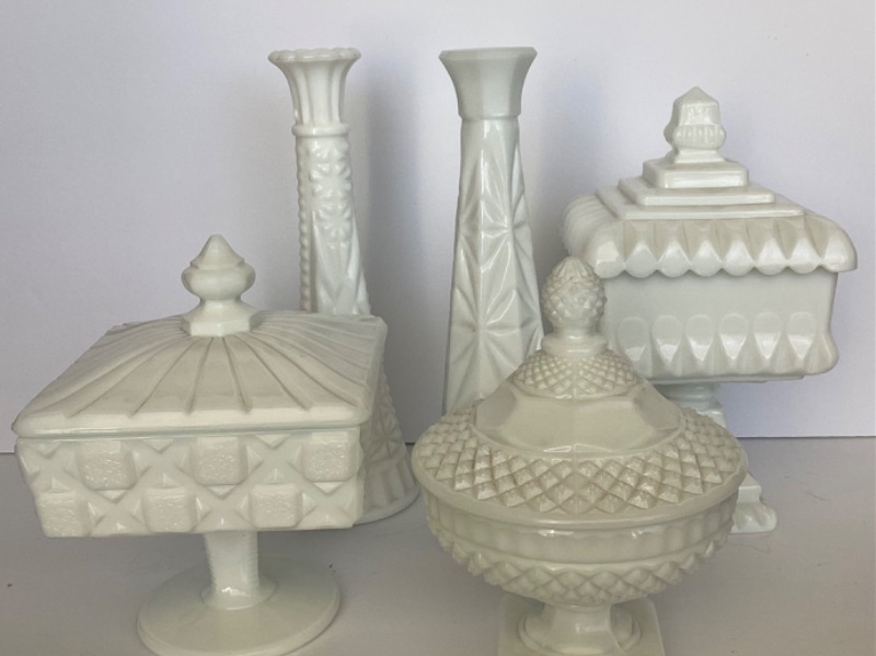 Photo 1 of MILK GLASS FOOTED CANDY DISHES & VASES