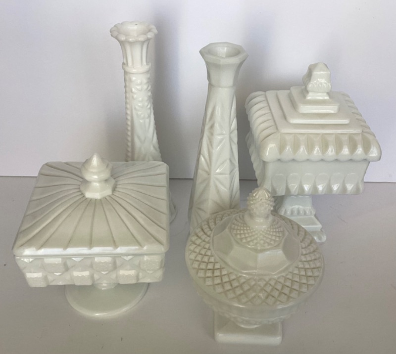 Photo 1 of MILK GLASS FOOTED CANDY DISHES & VASES