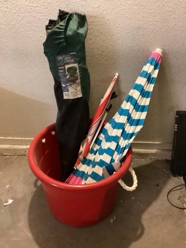 Photo 2 of FOLDING CHAIR/ LARGE RED PAIL & SUN UMBRELLAS