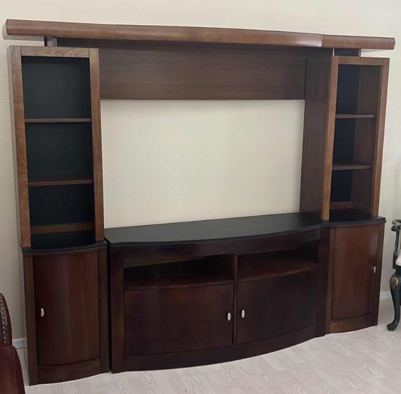 Photo 1 of DARK WALNUT WOOD W BLACK ENTERTAINMENT CENTER WALL UNIT 85” x 13” H70” (4PCS)