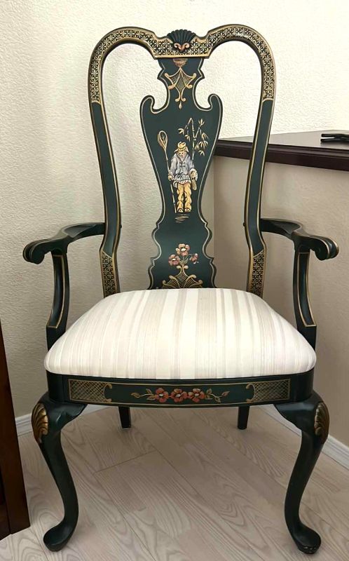 Photo 1 of VINTAGE CHINOISERIE DREXEL HERITAGE DARK GREEN LACQUER  ARM CHAIR 